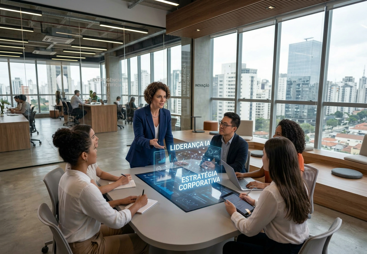 Group of professionals discussing AI leadership and corporate strategy using digital interface