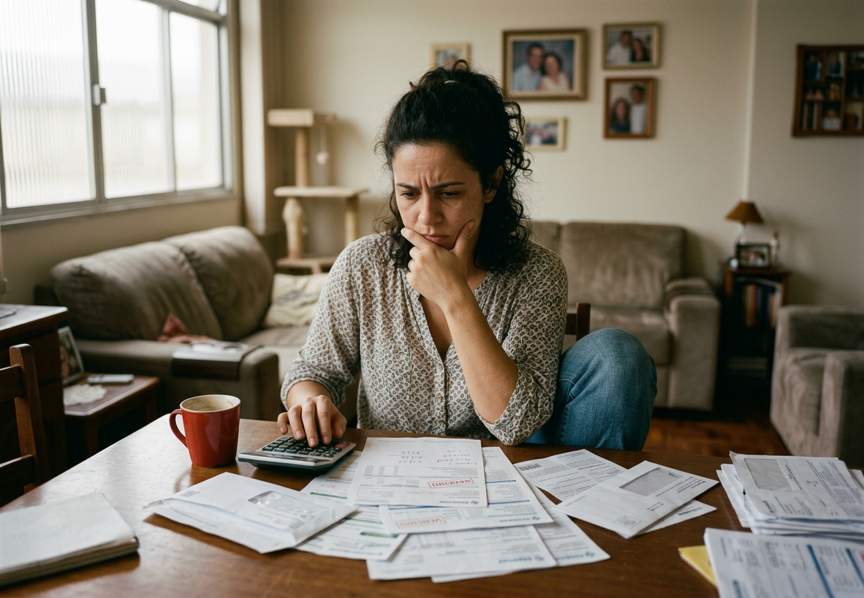 Woman using calculator to review various bills and documents on a wooden table