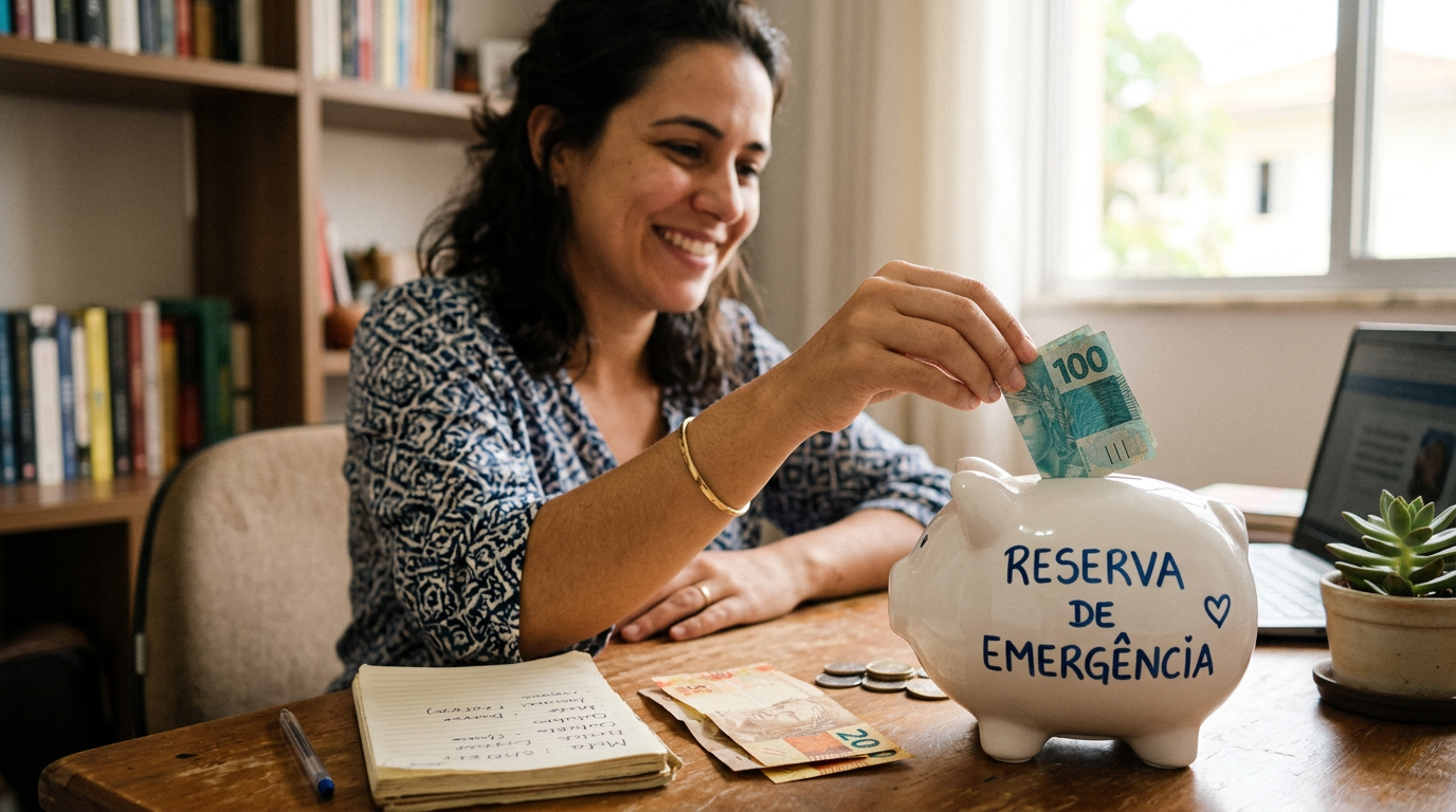 Woman putting money into piggy bank labeled 'Reserva de Emergência'