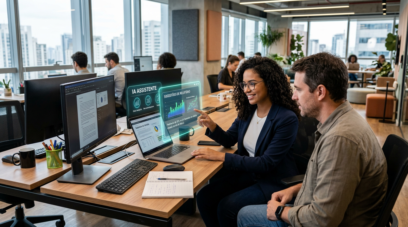 Colleagues reviewing AI assistant suggestions and report summaries on laptop in office